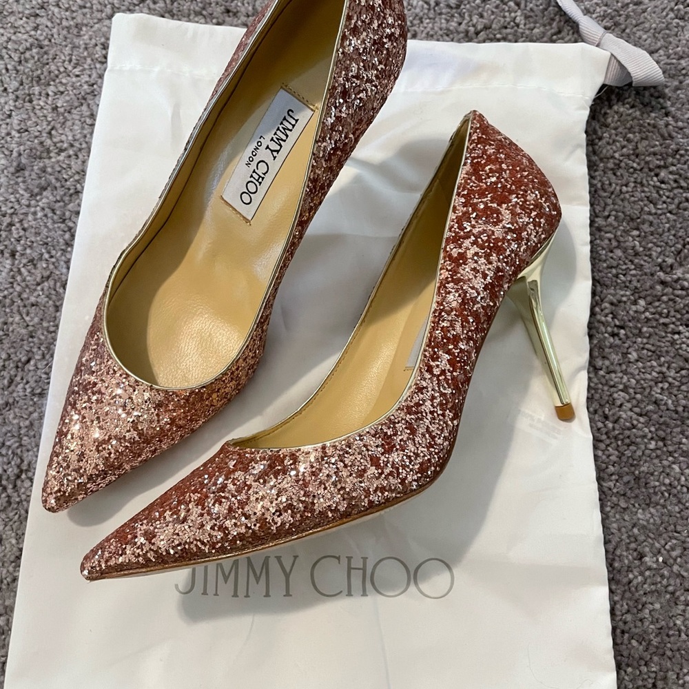 Jimmy Choo rose gold glitter heels size 37!